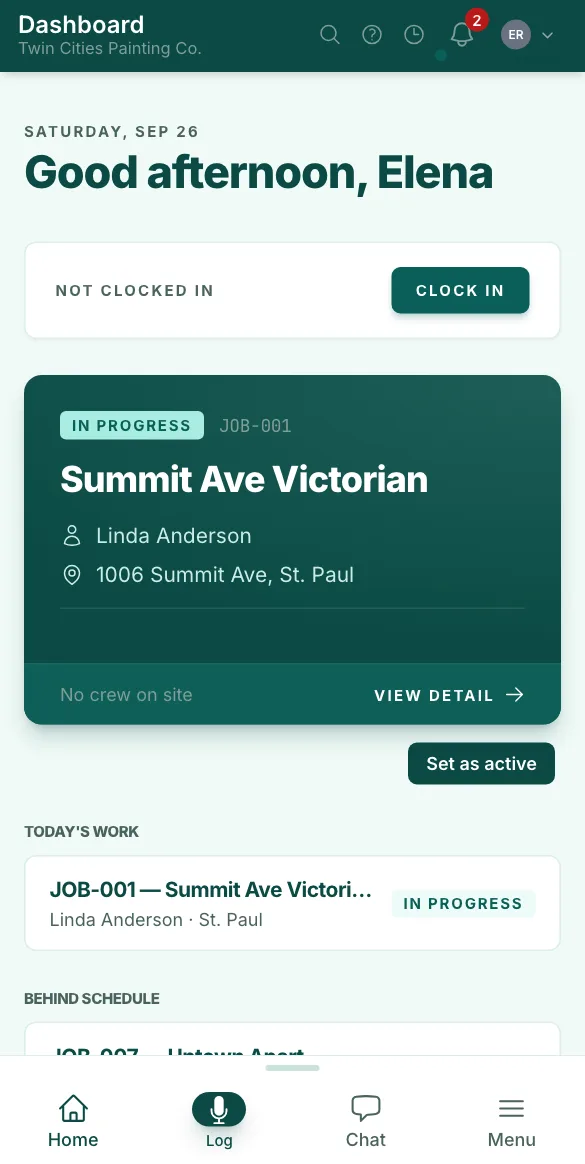 Painter's Log on a painter's phone: the Clock In button, Summit Ave Victorian in progress, and today's work