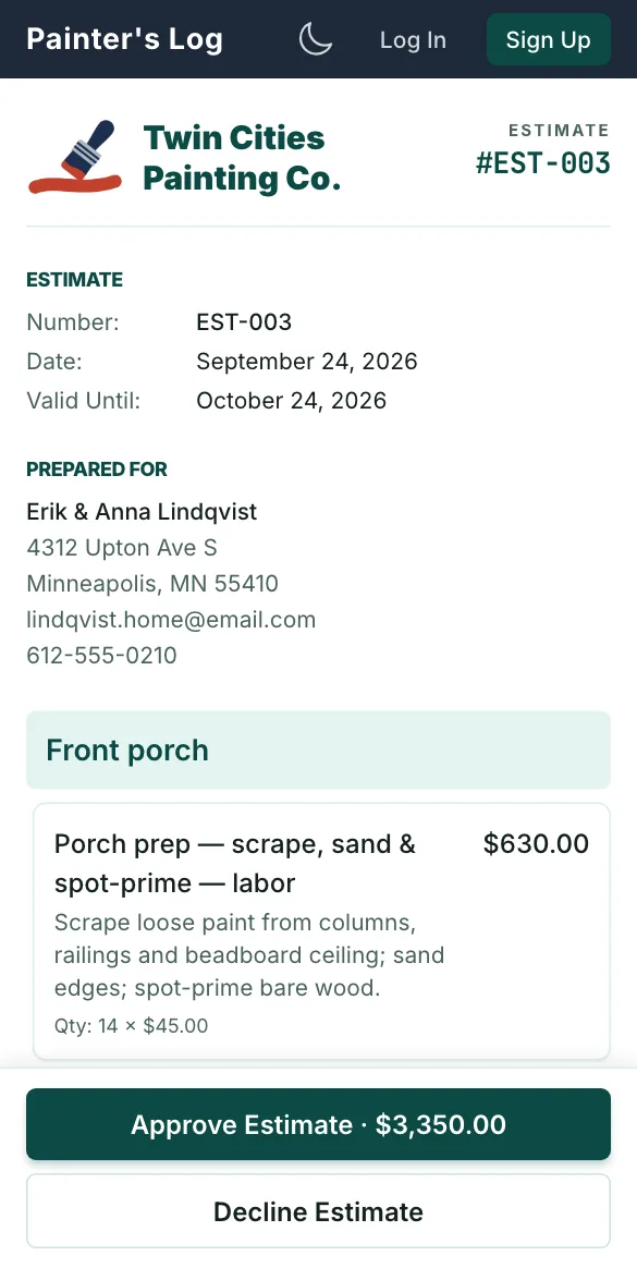 Estimate EST-003 on the customer's phone: the Twin Cities Painting Co. logo and letterhead, Erik & Anna Lindqvist's address, the first front porch line and the Approve Estimate button for $3,350.00