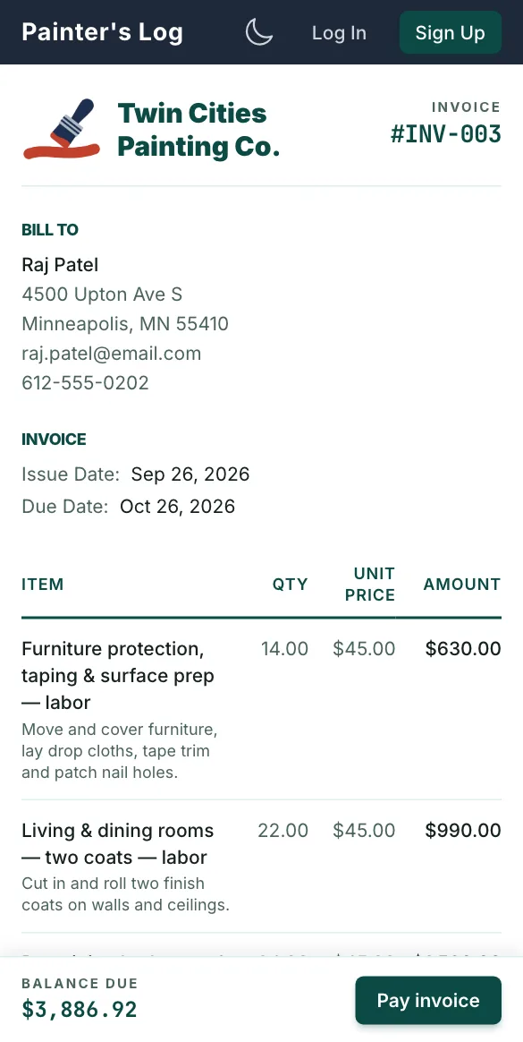 Invoice INV-003 on the customer's phone: the Twin Cities Painting Co. letterhead, Raj Patel's address, the first labor lines, a $3,886.92 balance due and a Pay invoice button