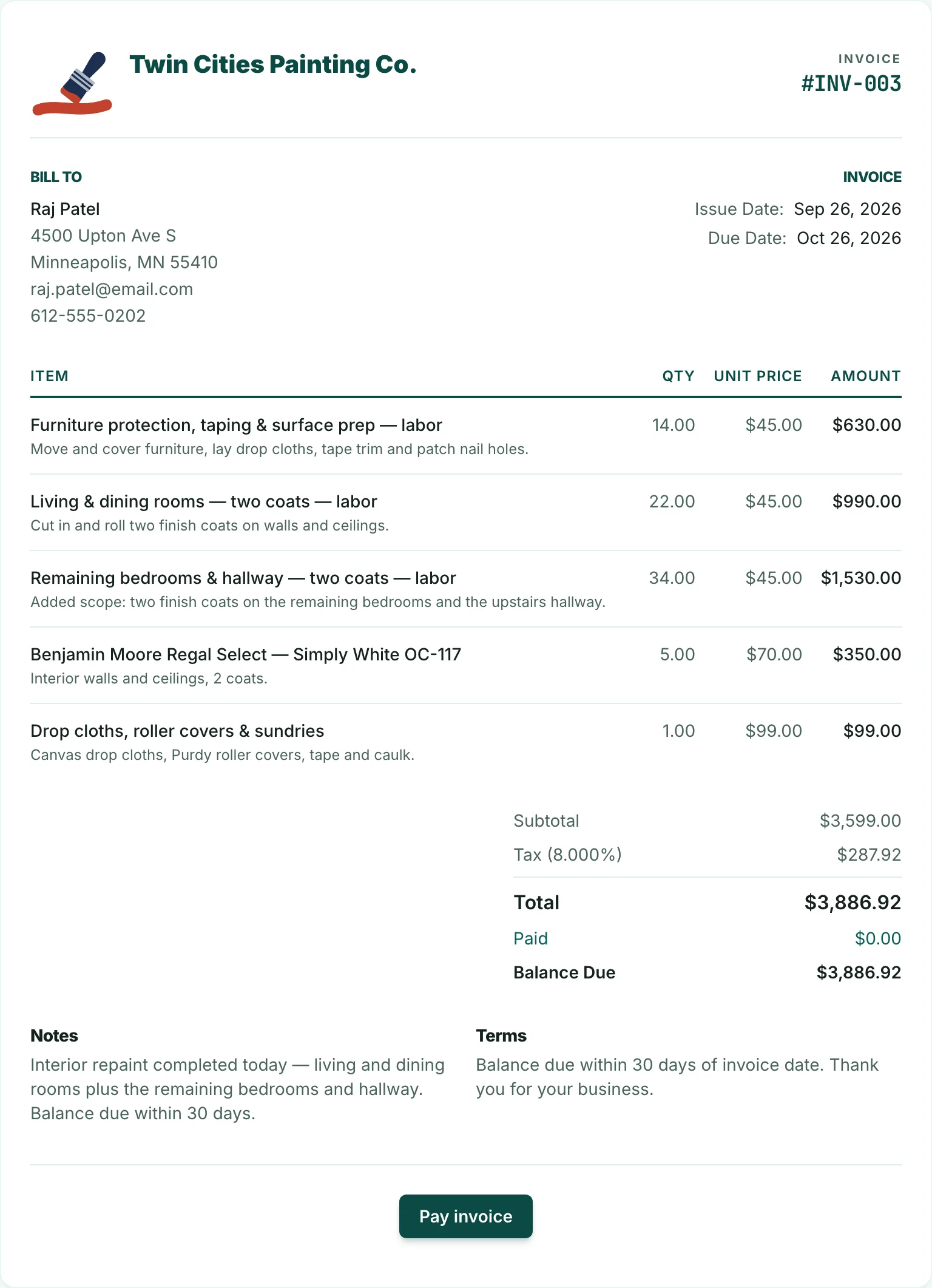 Invoice INV-003 from Twin Cities Painting Co. to Raj Patel: five lines, a $3,886.92 balance due and a Pay invoice button
