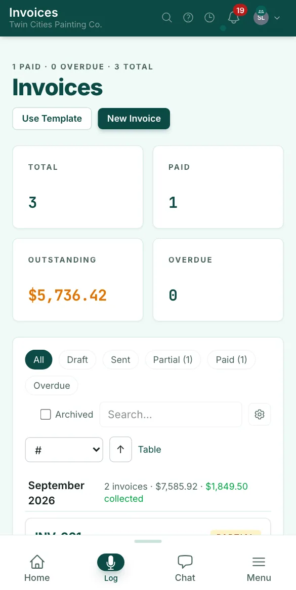The invoice list on the owner's phone: 3 invoices, 1 paid, $5,736.42 outstanding and none overdue