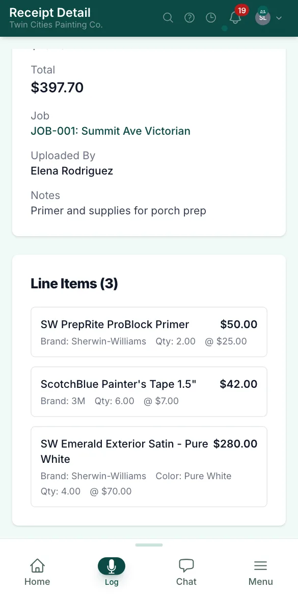 A $397.70 Sherwin-Williams receipt filed to Summit Ave Victorian, with its three lines: primer, painter's tape and exterior paint in Pure White