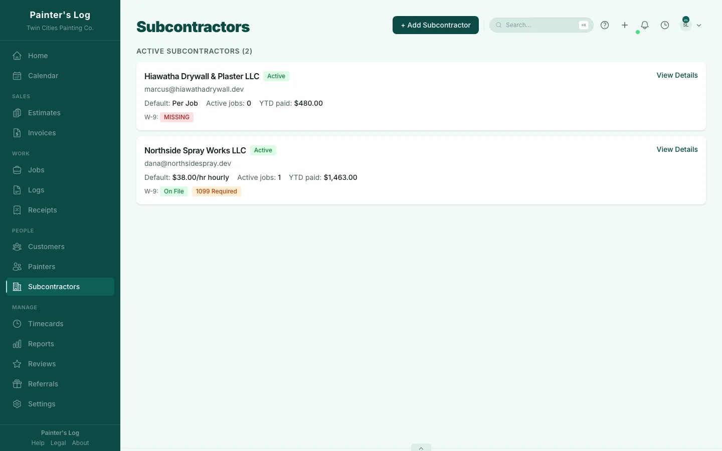 Lista de subcontratistas con estado de W-9